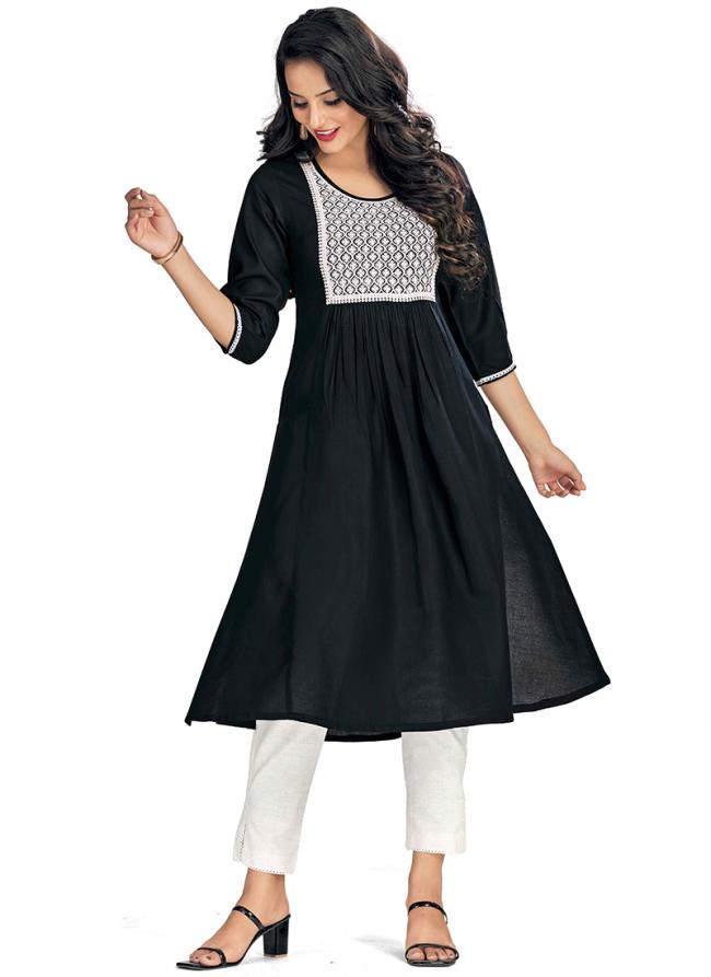 Rayon Black Daily Wear Embroidery Work Readymade Kurti With Bottom